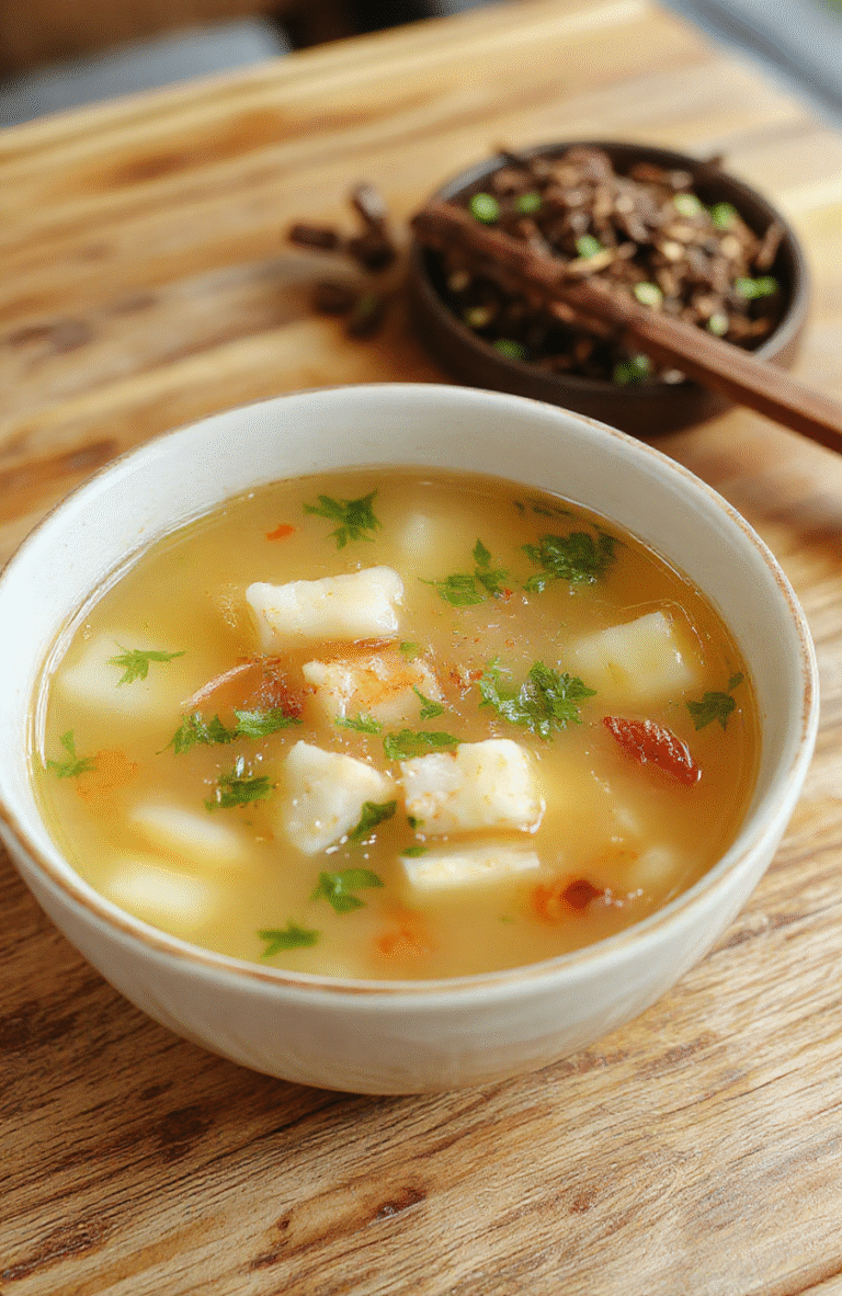 A clear bowl of Japanese soup with thinly sliced green onions, translucent broth, and delicate tofu cubes, beautifully presented on a light wooden surface with soft natural lighting highlighting the transparency of the broth and vibrant green garnishes.