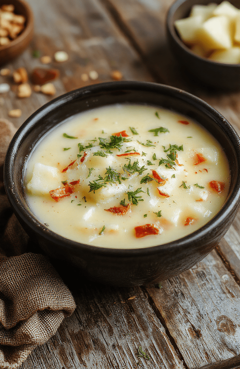 A creamy bowl of loaded crockpot potato soup topped with shredded cheese, crispy bacon bits, chopped green onions, and a dollop of sour cream, served on a rustic wooden table with a spoon and a linen napkin, vibrant colors, inviting presentation.