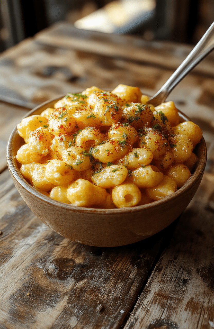 A colorful monster-themed mac and cheese bowl with gooey melted cheese, shaped spinach and black olives for eyes, vibrant orange carrot accents, presented on a rustic wooden table, styled with fun halloween decorations, textures of creamy cheese, crispy toppings, and fresh ingredients visible