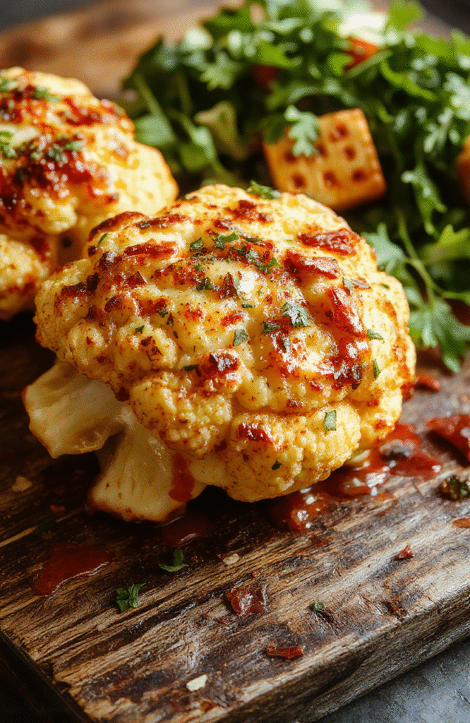 Colorful Moroccan cauliflower plated with a glossy tahini-honey drizzle, garnished with fresh herbs on a rustic white plate, textured cauliflower florets contrasted with smooth drizzle, styled simply with subtle shadows and natural daylight