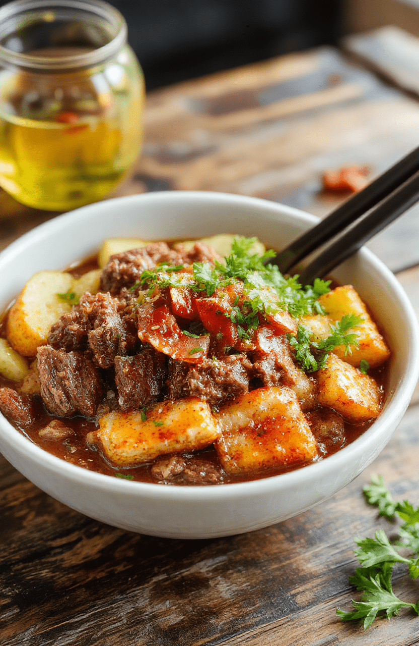 A vibrant Korean ground beef bowl served in a white ceramic plate, topped with chopped green onions and sesame seeds. The dish showcases seasoned minced beef, stir-fried vegetables, and fluffy rice, with bright red chili flakes and fresh herbs adding colorful accents. The presentation is minimalistic yet appetizing, styled casually for a cozy dinner setting.