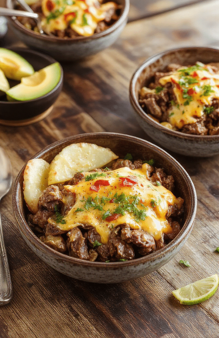 A vibrant bowl featuring thinly sliced cooked beef, melted cheesy topping, colorful bell peppers and onions, garnished with fresh herbs, all arranged neatly on a rustic wooden table with a neutral background.