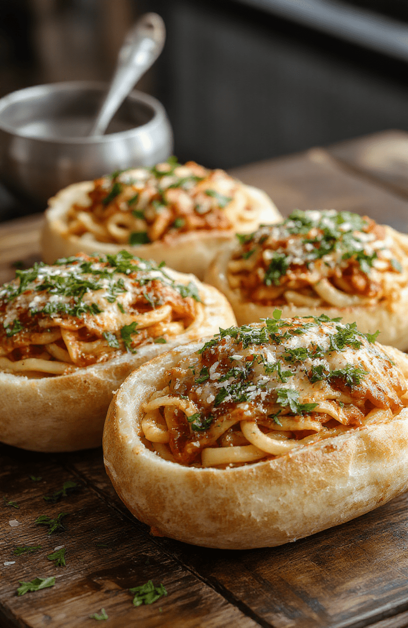 Colorful garlic bread bowls filled with a glossy spaghetti and rich cheese, served on a rustic wooden table. The golden crispy edges contrast with the vibrant pasta, garnished with fresh herbs and a sprinkle of Parmesan, styled casually for a cozy dinner scene.