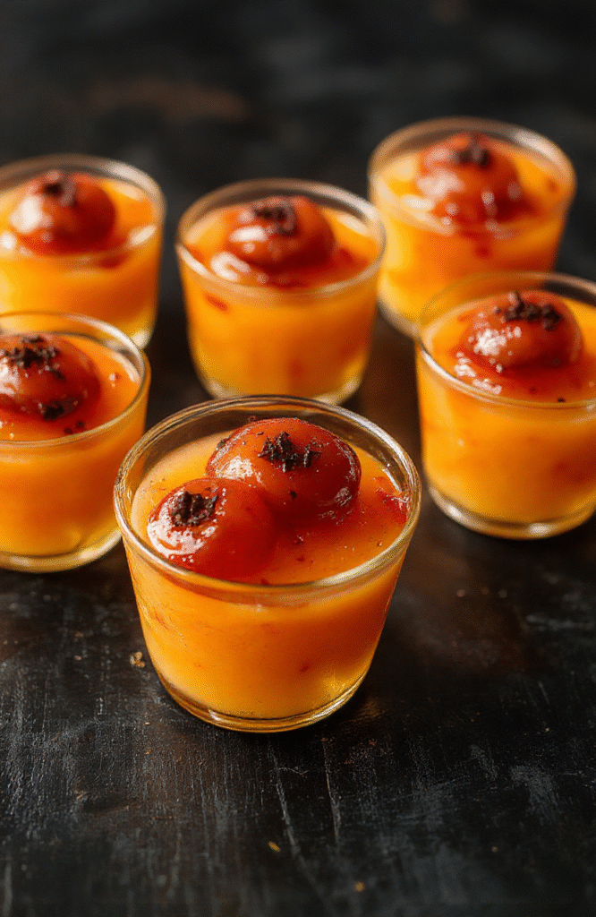 Colorful spooky eyeball gelatin shots arranged in a clear tray, with red, green, and purple gelatin topped with realistic candy eyes, presented on a dark wooden surface, styled with spooky decorations, textured surfaces, and playful lighting.