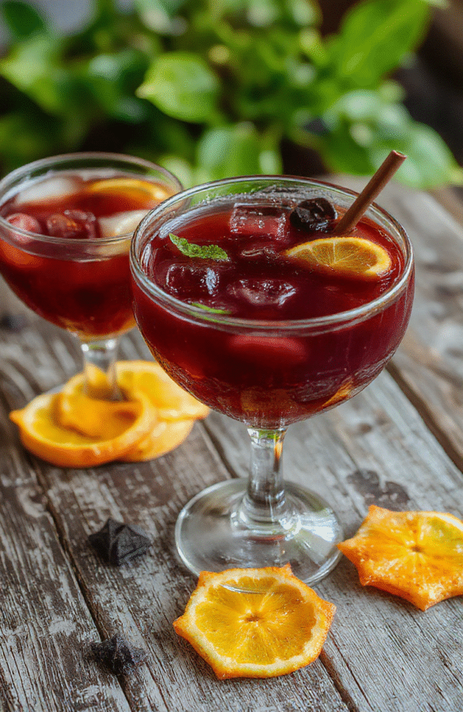 A vibrant purple Halloween Hocus Pocus punch in a haunted-themed glass, garnished with colorful candies, floating dry ice fog, and creepy Halloween decorations around.