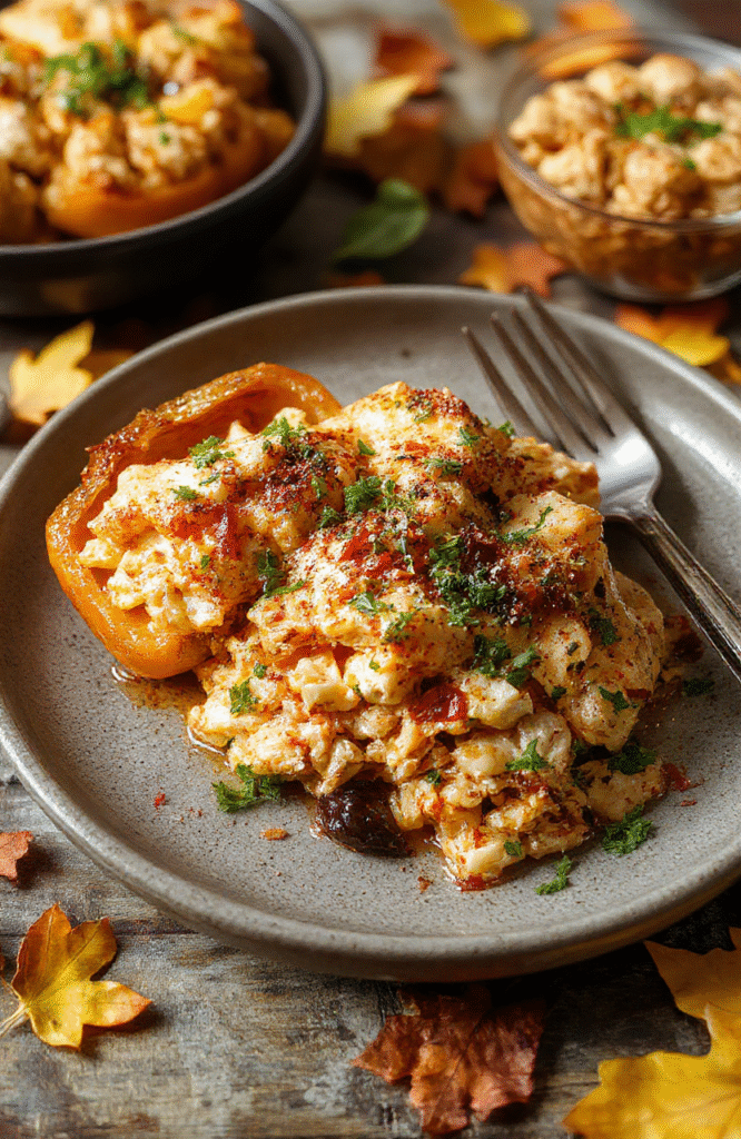 Colorful bell peppers filled with shredded chicken and rice, topped with melted cheese, arranged on a rustic wooden plate with fall-themed decorations, textures of creamy cheese and tender rice visible, vibrant orange and green peppers contrasting with the savory filling, styled for a cozy, inviting Halloween dinner scene.