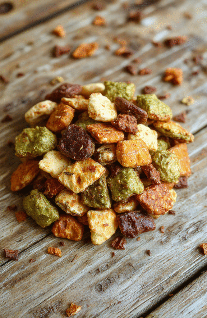 A vibrant Halloween themed trail mix featuring bright red dried cranberries, dark chocolate chunks, pumpkin seeds, and colorful candies arranged on a spooky-themed plate, styled with a black napkin and festive decorations in the background, textures of crunchy nuts and chewy dried fruit visible.