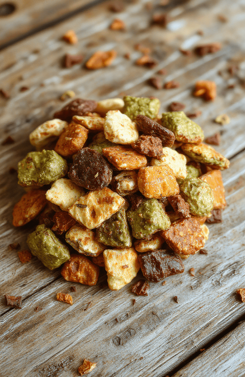 A vibrant Halloween themed trail mix featuring bright red dried cranberries, dark chocolate chunks, pumpkin seeds, and colorful candies arranged on a spooky-themed plate, styled with a black napkin and festive decorations in the background, textures of crunchy nuts and chewy dried fruit visible.