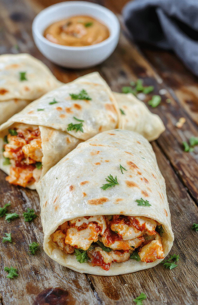 A colorful plate featuring Thai peanut chicken wraps arranged neatly with vibrant vegetables, drizzled with creamy peanut sauce, styled on a rustic wooden surface
