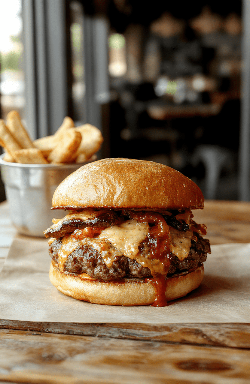 A juicy crack burger topped with melted cheese, crispy bacon, fresh lettuce, tomato slices, and tangy pickles on a toasted bun, vibrant and inviting, styled to showcase the textures and colors, with a hint of drips and melty cheese, styled simply on a rustic wooden board