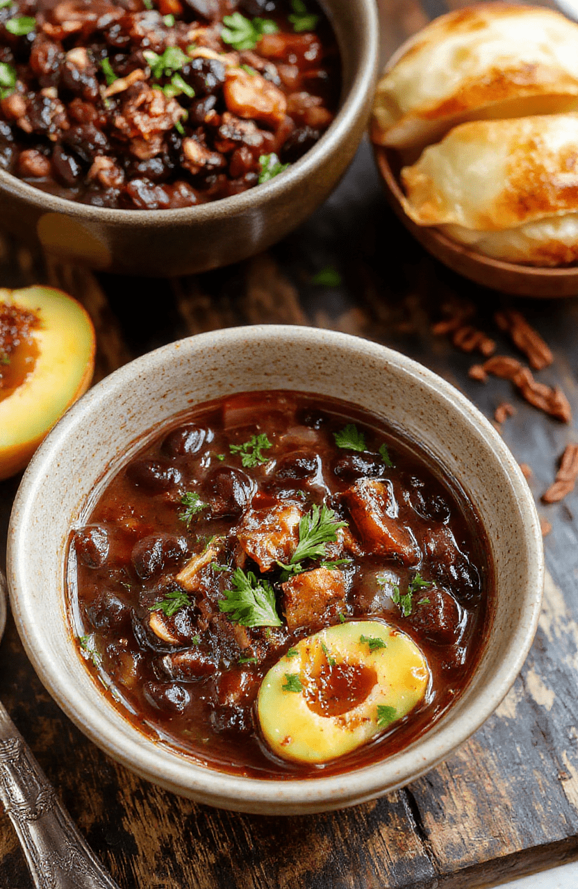 A vibrant bowl of black bean soup garnished with fresh cilantro, chopped onions, and a lime wedge on a rustic wooden table. The soup has a rich, dark color with a slightly chunky texture, topped with a dollop of sour cream and a sprinkle of cheese, styled casually with a soft-focus background highlighting the colorful ingredients.