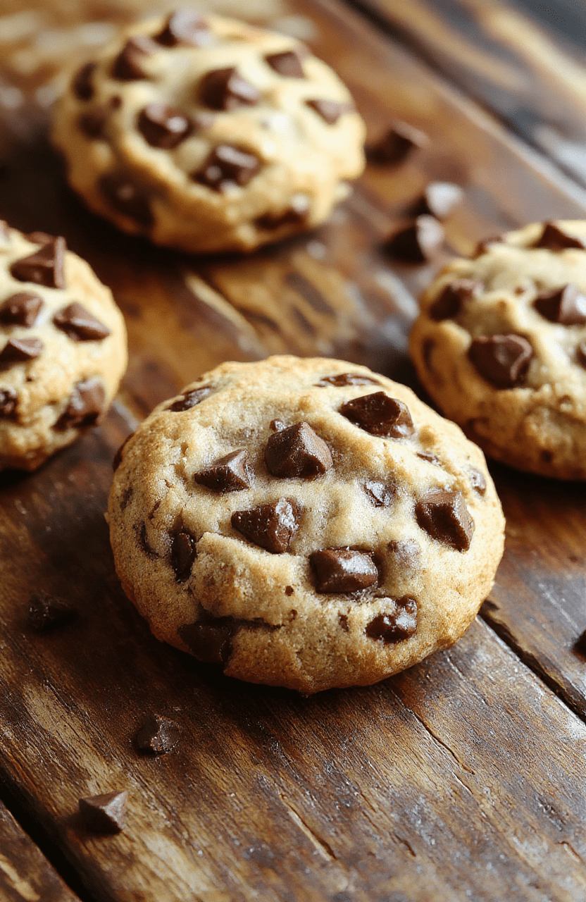 A stack of golden-brown chewy chocolate chip cookies with visible melty chocolate chips on a rustic wooden surface, slight crumbs around, styled casually with natural daylight and soft shadows for a warm, inviting look.