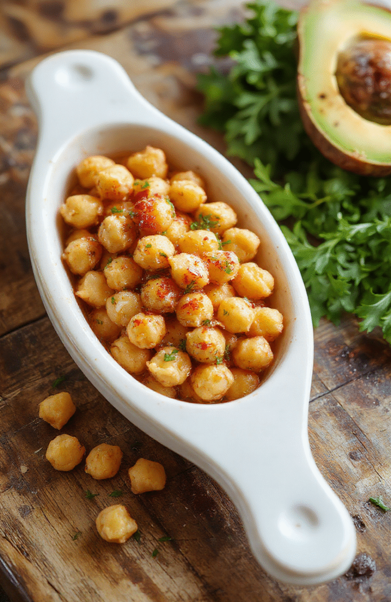 A vibrant bowl of marinated chickpeas topped with fresh herbs, garnished with lemon slices and colorful vegetables, presented on a rustic wooden table with soft natural lighting, highlighting the crispy textures and bright colors.