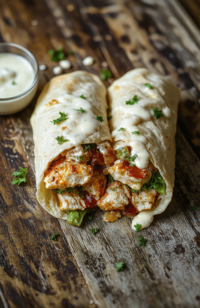 A vibrant chicken bacon ranch wrap sliced open revealing juicy grilled chicken, crispy bacon, fresh lettuce, and creamy ranch dressing tightly rolled in a soft tortilla, styled on a rustic wooden surface with natural lighting highlighting textures.