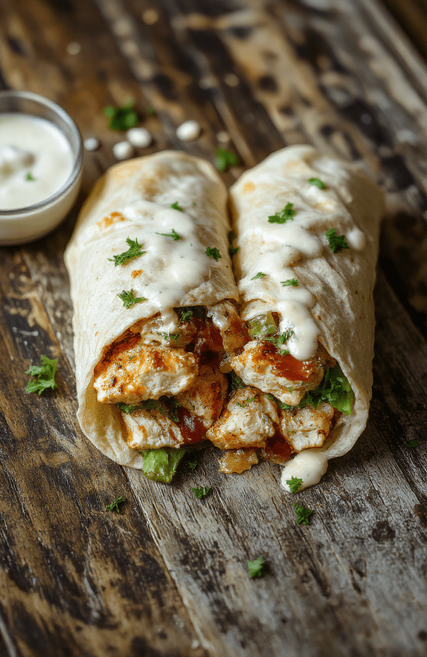 A vibrant chicken bacon ranch wrap sliced open revealing juicy grilled chicken, crispy bacon, fresh lettuce, and creamy ranch dressing tightly rolled in a soft tortilla, styled on a rustic wooden surface with natural lighting highlighting textures.