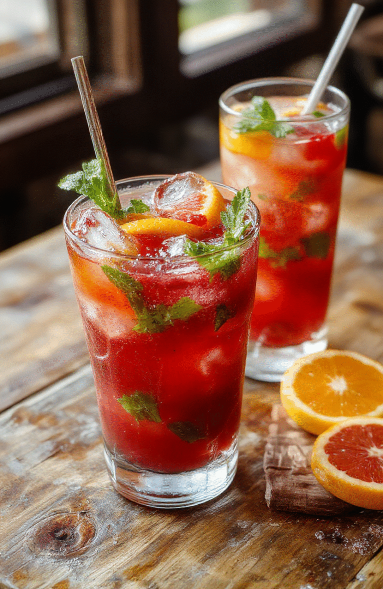 A vibrant glass of blood orange mojito topped with fresh mint leaves and a slice of blood orange, served on a rustic wooden table with scattered citrus slices and mint sprigs, showcasing a colorful, refreshing beverage with a bubbly texture and lively garnishes.