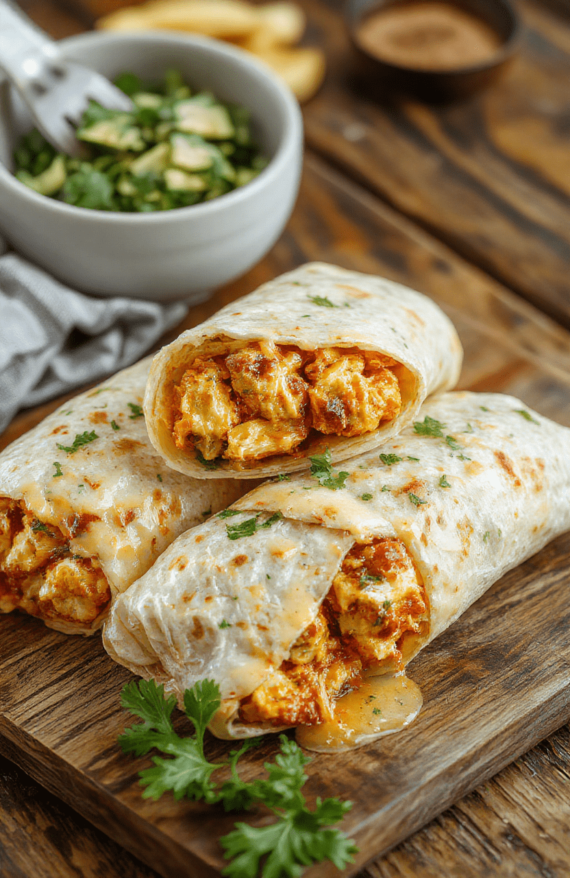 A close-up of cheesy chicken wraps on a white plate, golden crispy tortillas filled with tender chicken, melted cheese, fresh greens, and a drizzle of sauce, styled simply with natural light highlighting textures and colors, served on a rustic wooden table