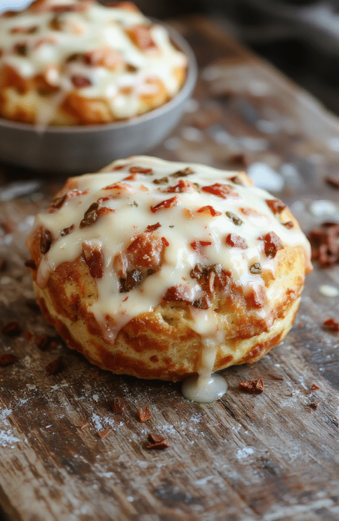 A vibrant, golden-brown cheesy Christmas bread loaf garnished with fresh herbs and melted cheese, sliced to reveal gooey interior, placed on a rustic wooden platter with festive decorations in the background, inviting and appetizing.