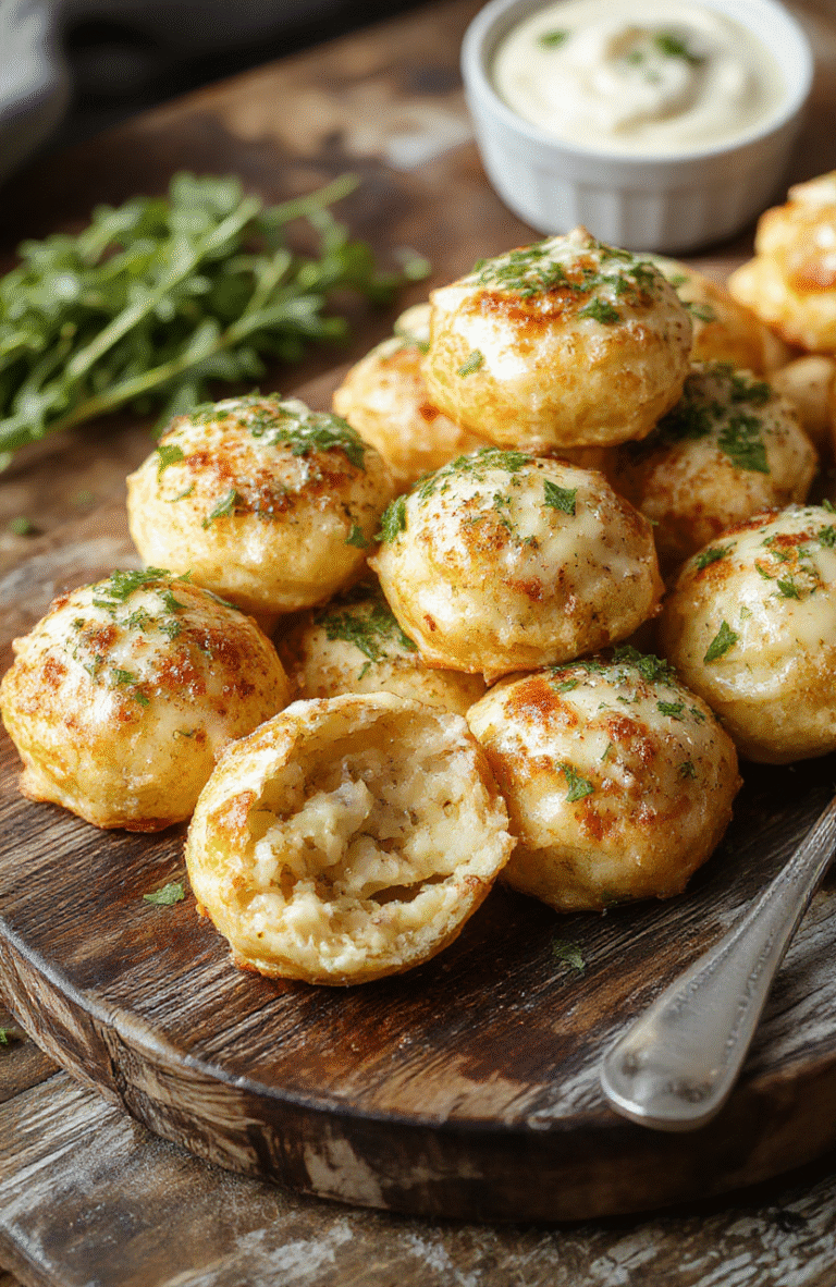 Golden brown cheesy garlic parmesan bombs arranged on a rustic wooden board, showcasing crispy edges, gooey melted cheese, and sprinkled herbs, styled casually with a soft-focus background highlighting the texture and inviting appeal.