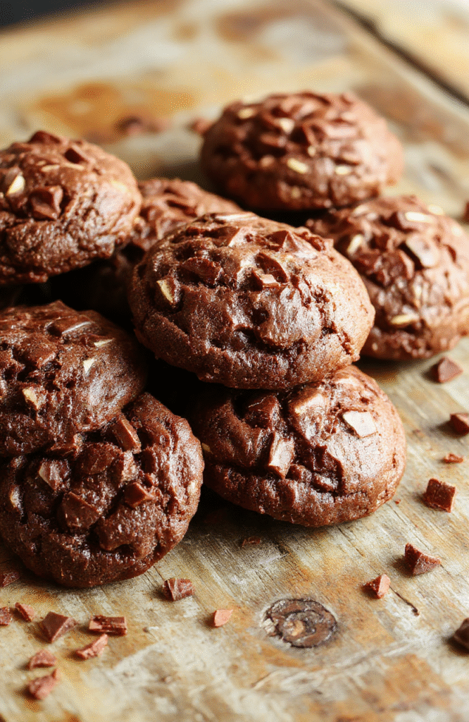 A close-up of chewy hot chocolate cookies arranged on a rustic wooden plate, sprinkled with powdered sugar and drizzled with melted chocolate, with a cozy winter background featuring a mug of hot chocolate and winter decor, textures contrasting smooth cookies with crumbly edges, styled for a warm, inviting look.