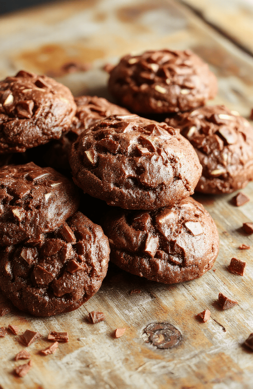 A close-up of chewy hot chocolate cookies arranged on a rustic wooden plate, sprinkled with powdered sugar and drizzled with melted chocolate, with a cozy winter background featuring a mug of hot chocolate and winter decor, textures contrasting smooth cookies with crumbly edges, styled for a warm, inviting look.