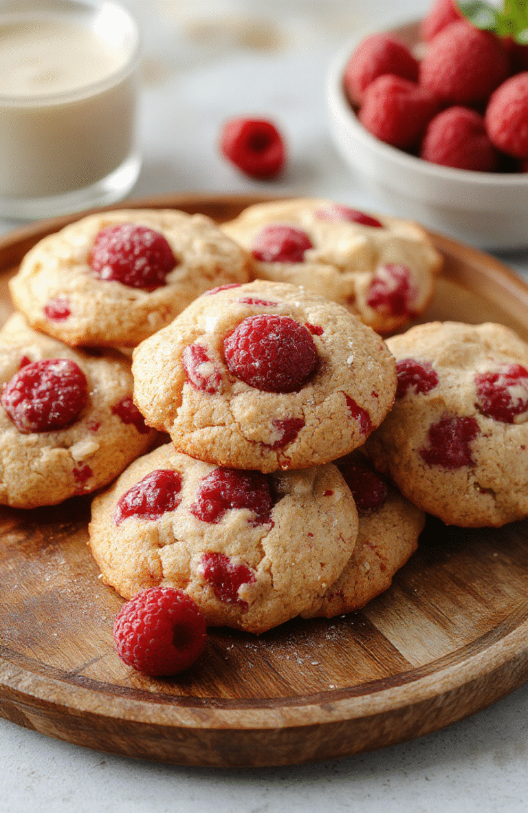A close-up shot of chewy raspberry cookies on a rustic wooden plate, showcasing their golden-brown edges with vibrant raspberry swirls inside, garnished with fresh raspberries and powdered sugar, styled casually with a soft-focus background highlighting the inviting texture and rich colors.