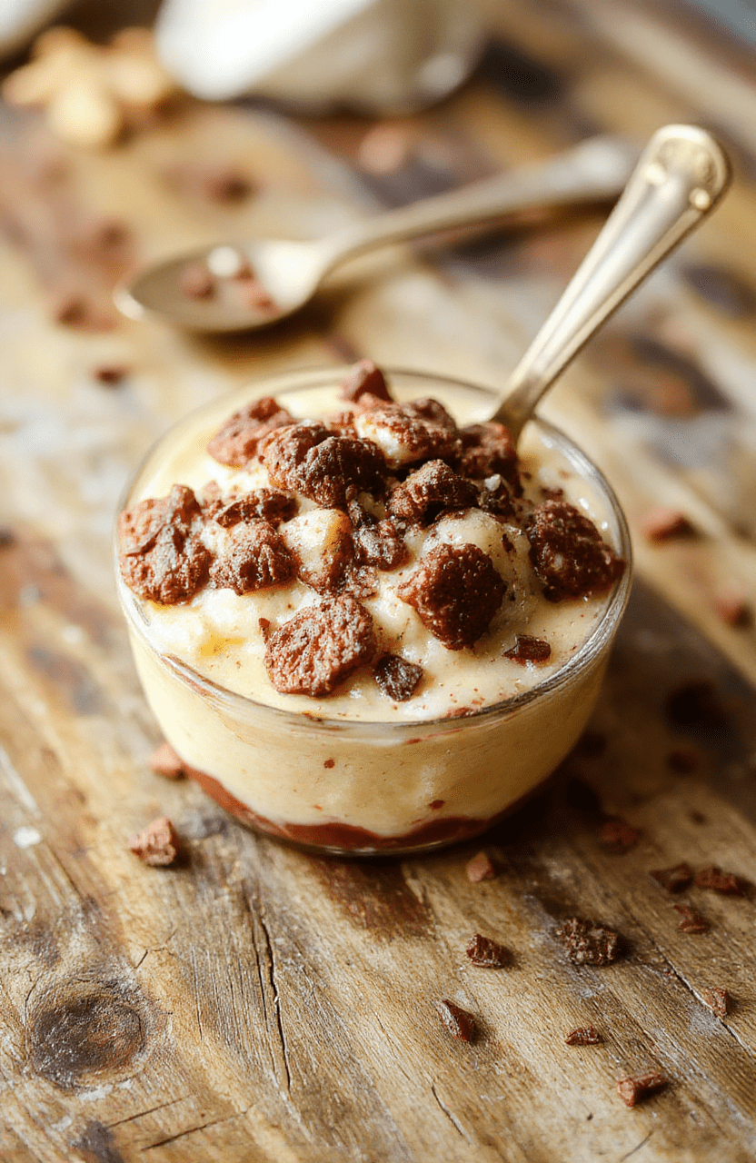 A beautifully plated classic dessert with layered textures, featuring rich chocolate and cream, garnished with fresh berries and a dusting of powdered sugar, styled on a rustic wooden surface with soft natural daylight highlighting the indulgent appeal.