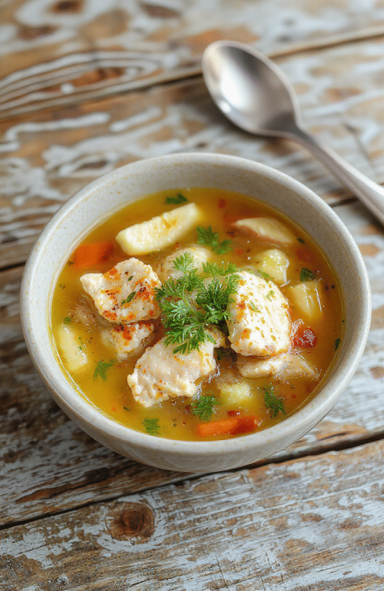 A bowl of steaming chicken noodle soup with tender shredded chicken, vibrant carrots, celery, and egg noodles, garnished with fresh parsley on a rustic wooden table with warm lighting.