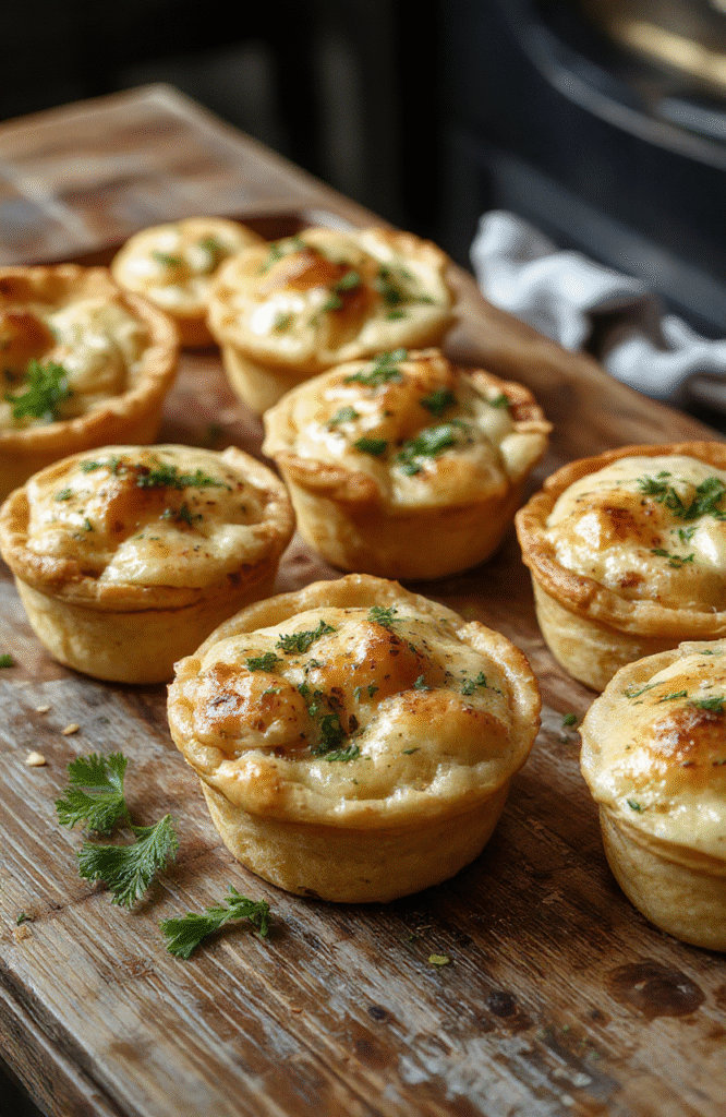 A close-up of golden mini chicken pot pies sitting on a rustic wooden table, bubbling filling visible through a flaky, flaky crust, garnished with fresh herbs.
