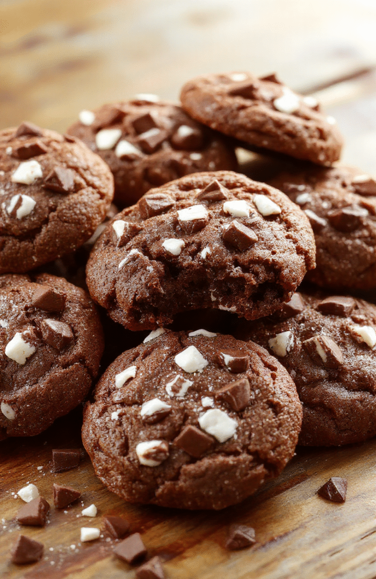 A plate of warm, chocolatey hot chocolate cookies with marshmallows on top, arranged on a rustic wooden tray. The cookies are shiny, gooey, and dusted with cocoa powder, surrounded by a mug of steaming hot chocolate and a cozy winter setting with soft blankets and fairy lights in the background.