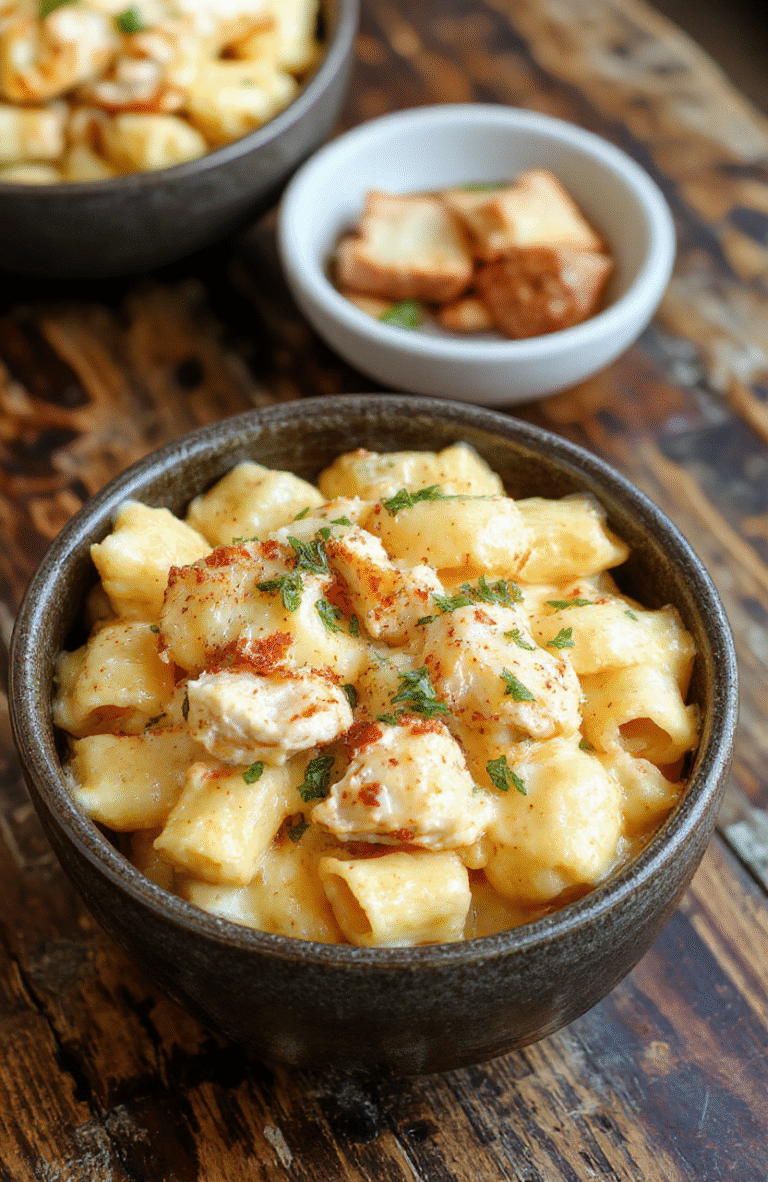 A vibrant bowl of creamy chicken mac and cheese featuring tender chunks of chicken nestled in a velvety cheese sauce, topped with melted cheese and garnished with fresh herbs, all served on a rustic wooden table with a drizzle of sauce and a side of crispy bread crumbs.