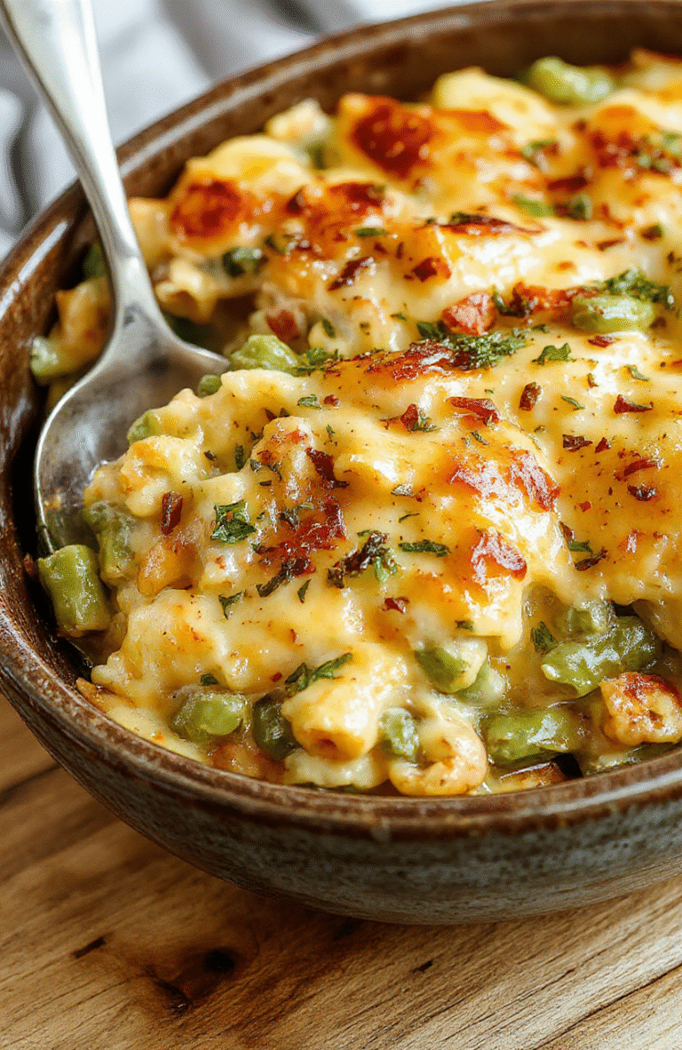 A vibrant plate of creamy green bean casserole topped with crispy fried onions, served in a rustic ceramic dish with fresh green beans, golden onion bits, and a rich creamy sauce, styled simply on a white wooden surface with natural daylight highlighting the textures.