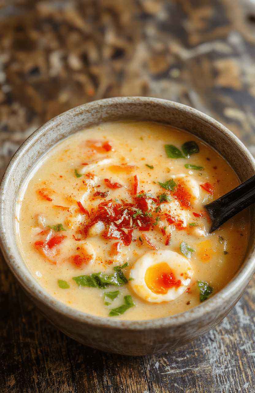 A vibrant bowl of creamy spicy Korean ramen with rich broth, garnished with green onions, soft boiled eggs, and crunchy sesame seeds, styled on a rustic wooden table, colorful ingredients contrasted against a dark background, textures of noodles, broth, and toppings beautifully highlighted.