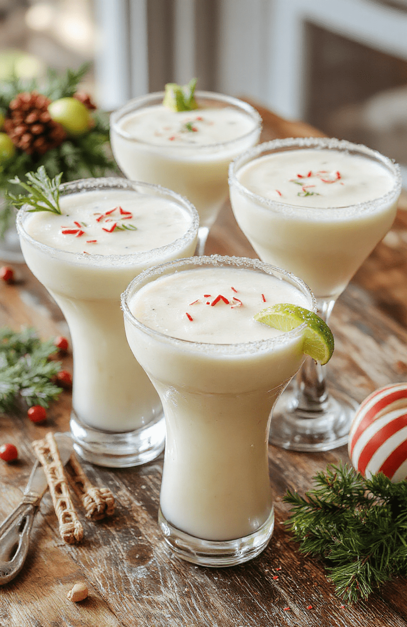 A vibrant pitcher of creamy white Christmas margaritas garnished with lime slices and festive red and green decorations, with salt rimmed glasses, shot from above showing frosty texture, smooth surface, and holiday spirit.
