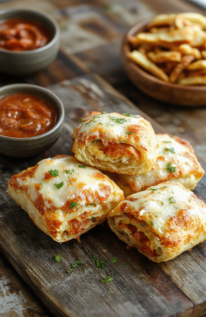 Golden-brown air fryer pizza rolls arranged on a white plate, with melted cheese and pepperoni visible inside, crispy edges, styled with fresh basil leaves for color contrast, casual tabletop setup with a neutral background.