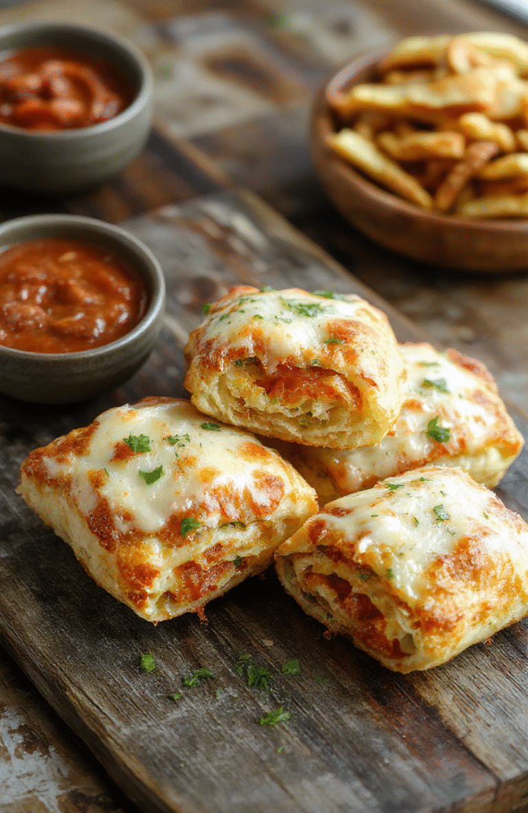 Golden-brown air fryer pizza rolls arranged on a white plate, with melted cheese and pepperoni visible inside, crispy edges, styled with fresh basil leaves for color contrast, casual tabletop setup with a neutral background.