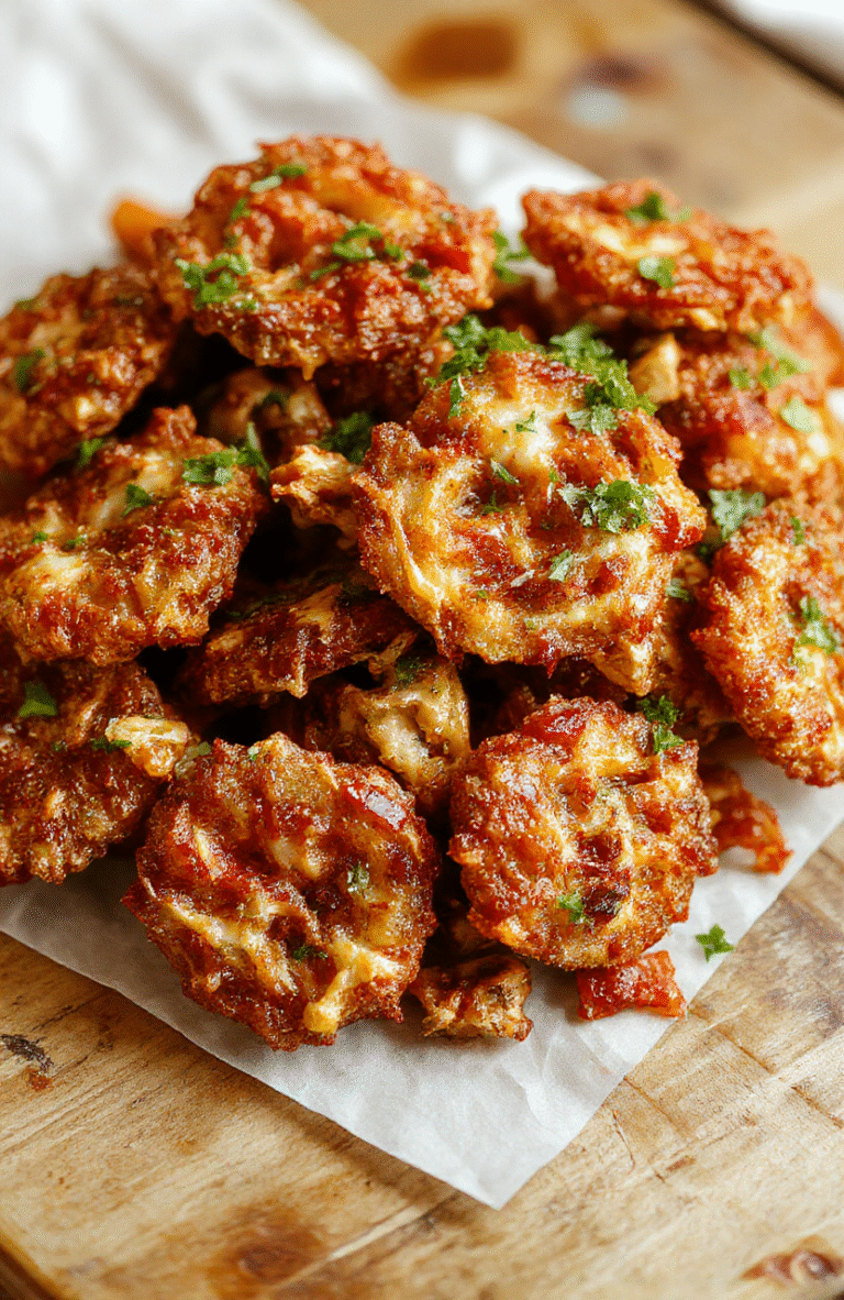 A close-up of golden crispy fried onions stacked high on a white plate, with a slight sheen of oil, textured batter coating visible, styled casually with a rustic background and natural daylight.
