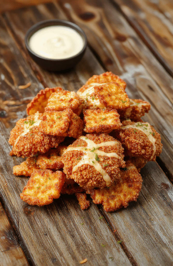 Golden-brown crispy pretzel-coated chicken slices topped with melted cheese on a rustic wooden platter garnished with fresh herbs, with a side of colorful dipping sauces, styled for a warm, inviting meal.