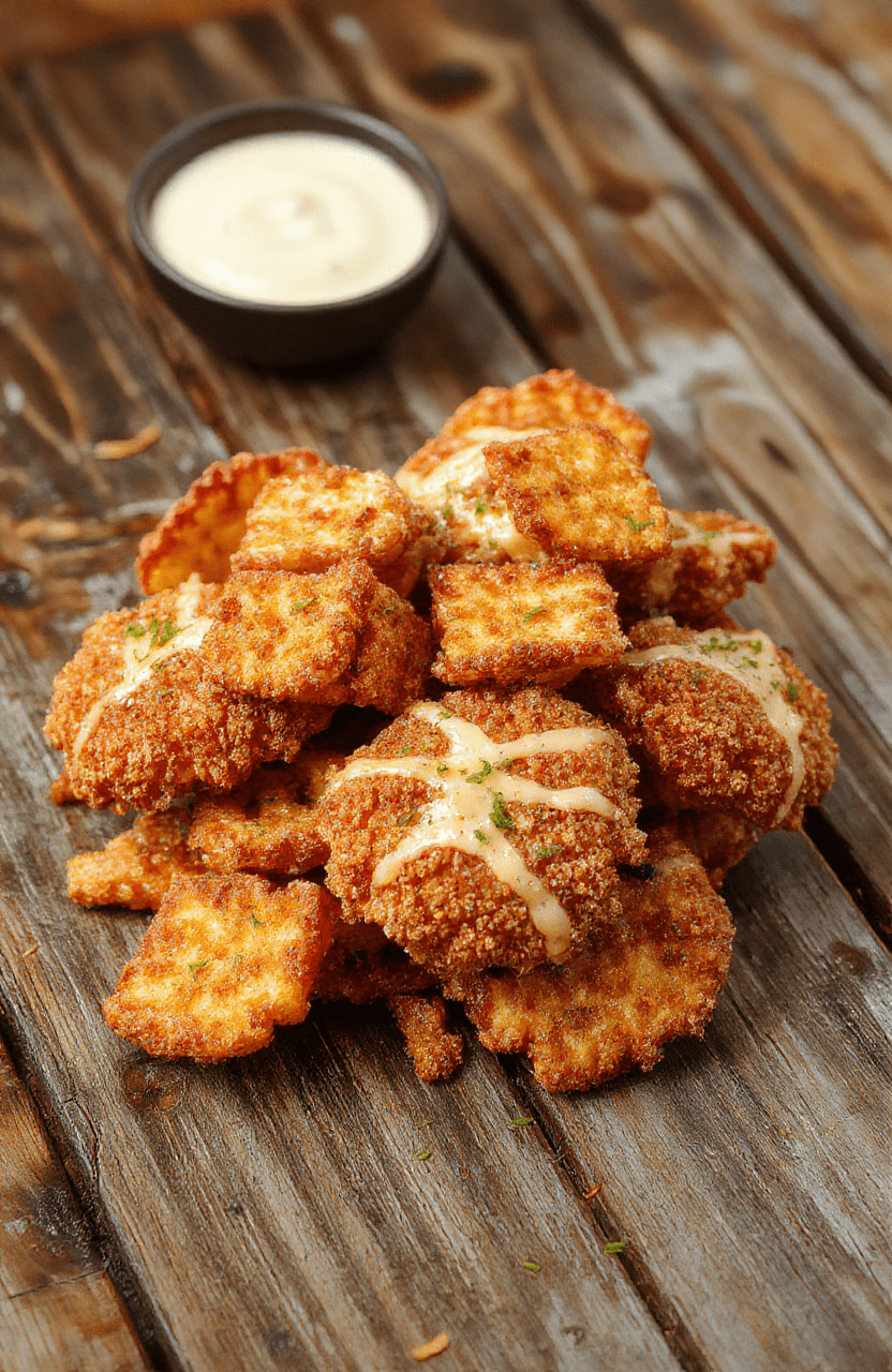 Golden-brown crispy pretzel-coated chicken slices topped with melted cheese on a rustic wooden platter garnished with fresh herbs, with a side of colorful dipping sauces, styled for a warm, inviting meal.