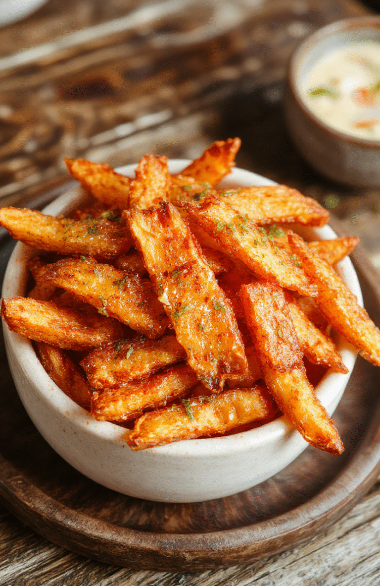 A vibrant plate of golden crispy sweet potato fries arranged neatly on a rustic white ceramic plate, garnished with fresh green herbs, styled with a dipping bowl of spicy ketchup, set against a wooden surface with soft natural daylight highlighting the texture and crispiness of the fries.