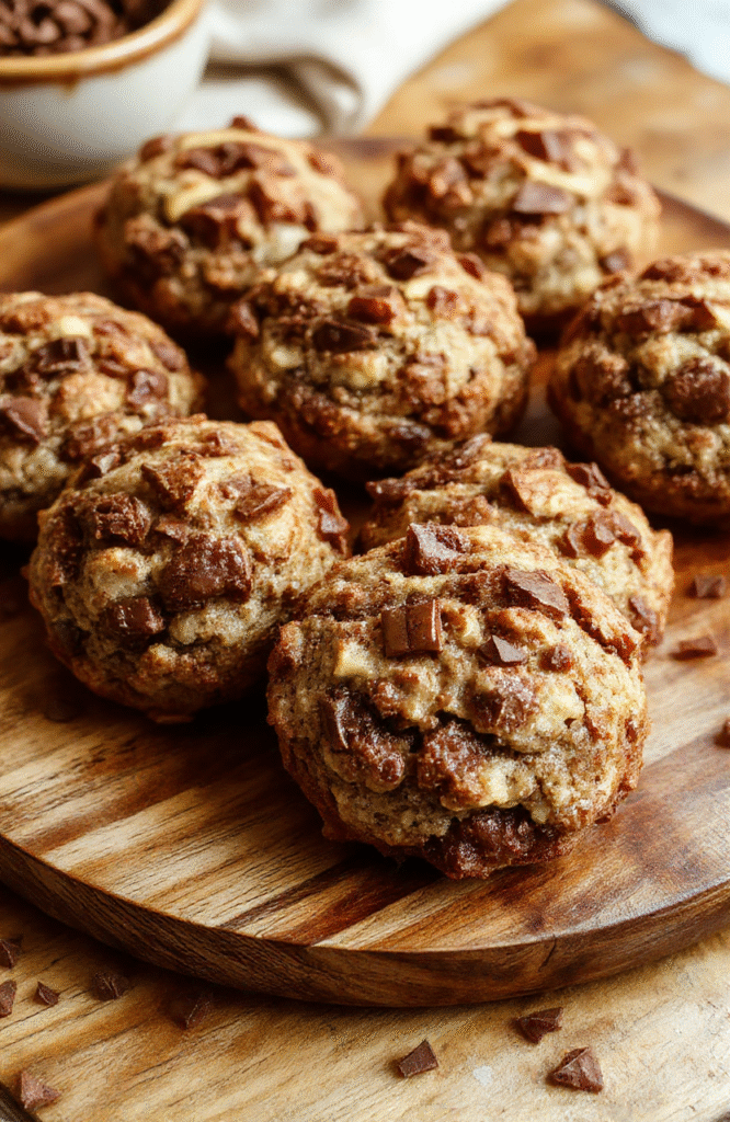 A close-up of crumbled coffee cake cookies topped with a golden, buttery crumble, arranged on a rustic wooden plate with a coffee cup in the background, warm tones, inviting and delicious texture visible