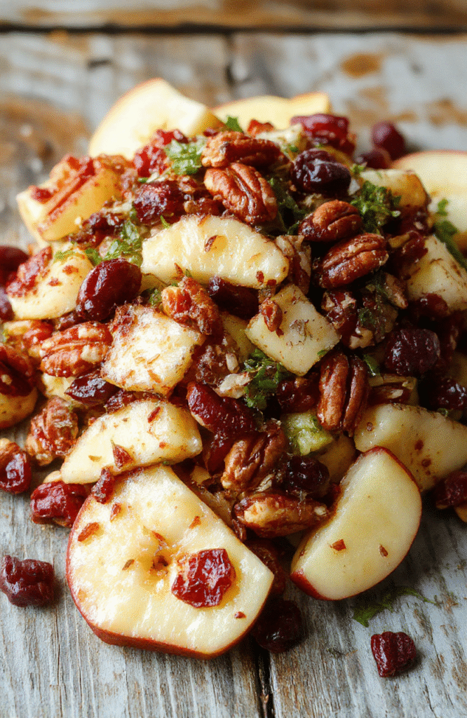 A vibrant salad featuring crisp apple slices, bright red cranberries, toasted pecans, and leafy greens, arranged beautifully in a clear glass bowl with a sprinkle of feta cheese, styled on a rustic wooden table with natural daylight highlighting the fresh textures.