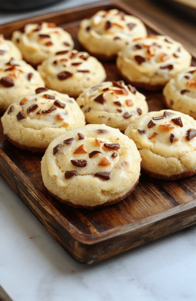 A close-up of decadent cheesecake cookies with a golden-brown crust, topped with dollops of creamy cheesecake filling and drizzled with caramel, presented on a rustic wooden board with scattered crumbs and fresh berries.