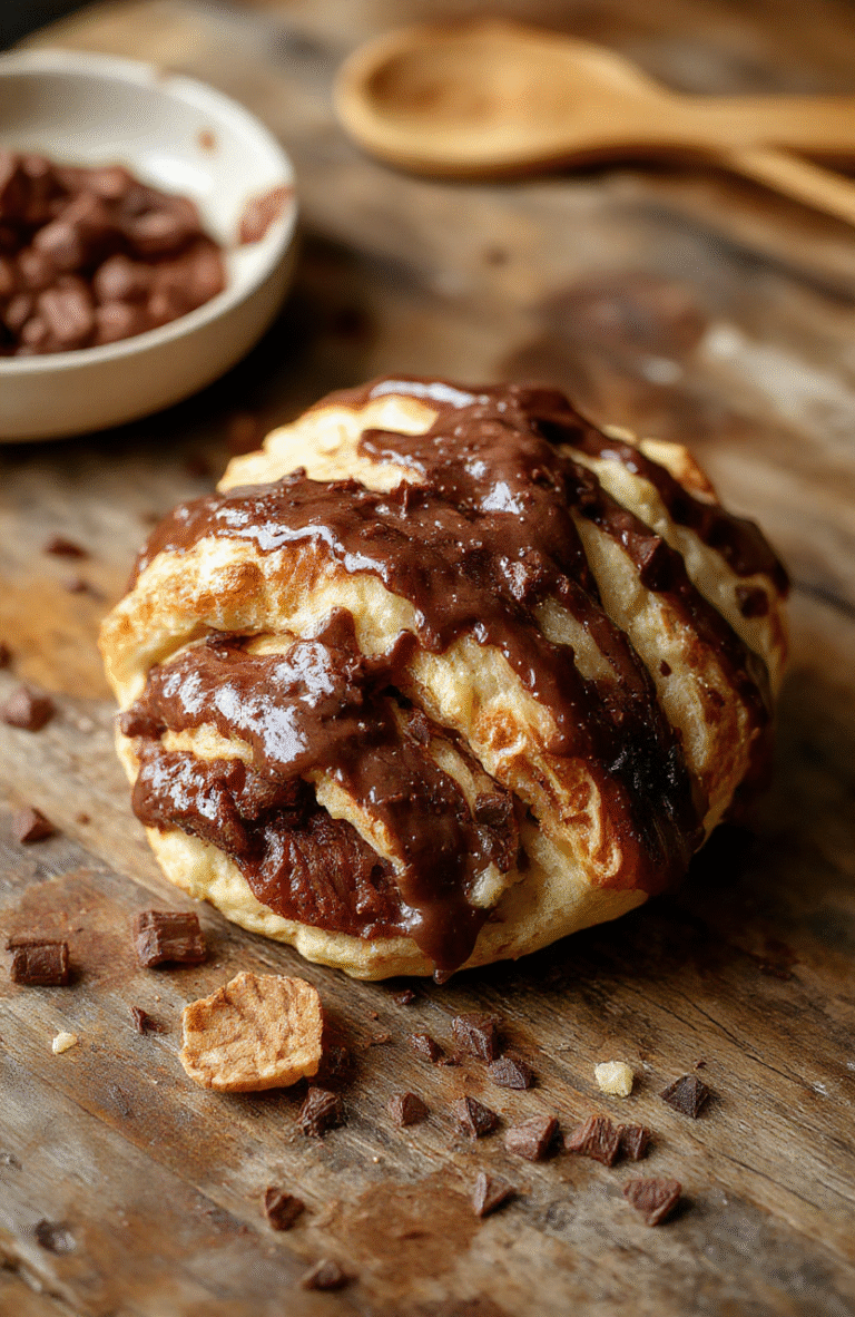 A golden-brown chocolate croissant bake sliced open to reveal layers of flaky croissants, melted chocolate, and creamy custard, beautifully plated on a rustic wooden table with a dusting of powdered sugar, styled with fresh berries for color and texture.