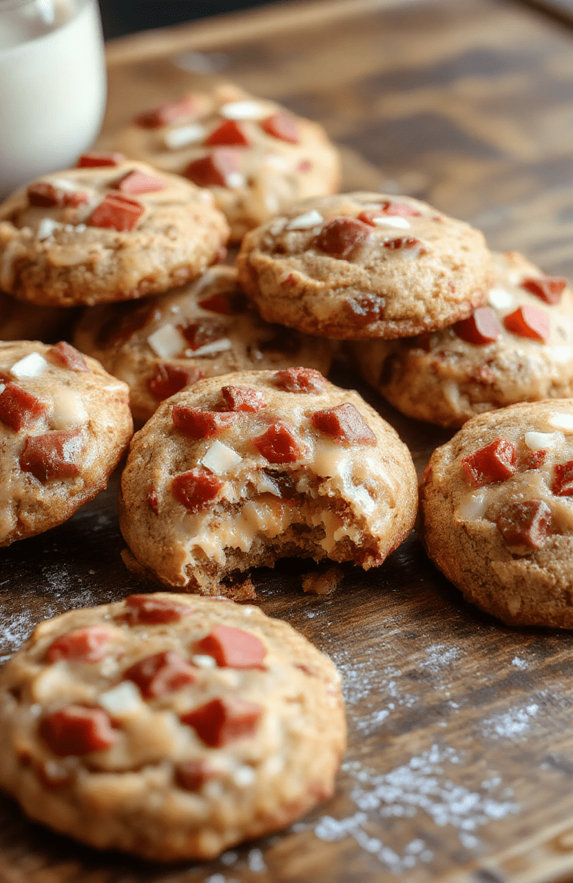 A tray of shiny, golden-brown gooey butter cookies topped with powdered sugar and sprinkles, arranged artfully on a rustic wooden platter with holiday decorations in the background. The cookies appear soft, chewy, and irresistibly gooey inside, with a glossy surface and a hint of festive color from the sprinkles.