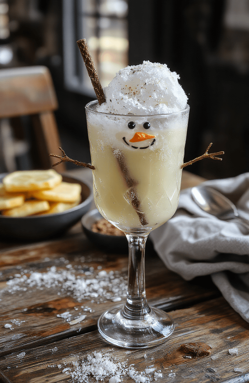 A vibrant red cocktail in a tall glass garnished with whipped cream, chocolate syrup drizzle, and marshmallows resembling a snowman's face, set against a festive holiday background with twinkling lights and holiday decorations.