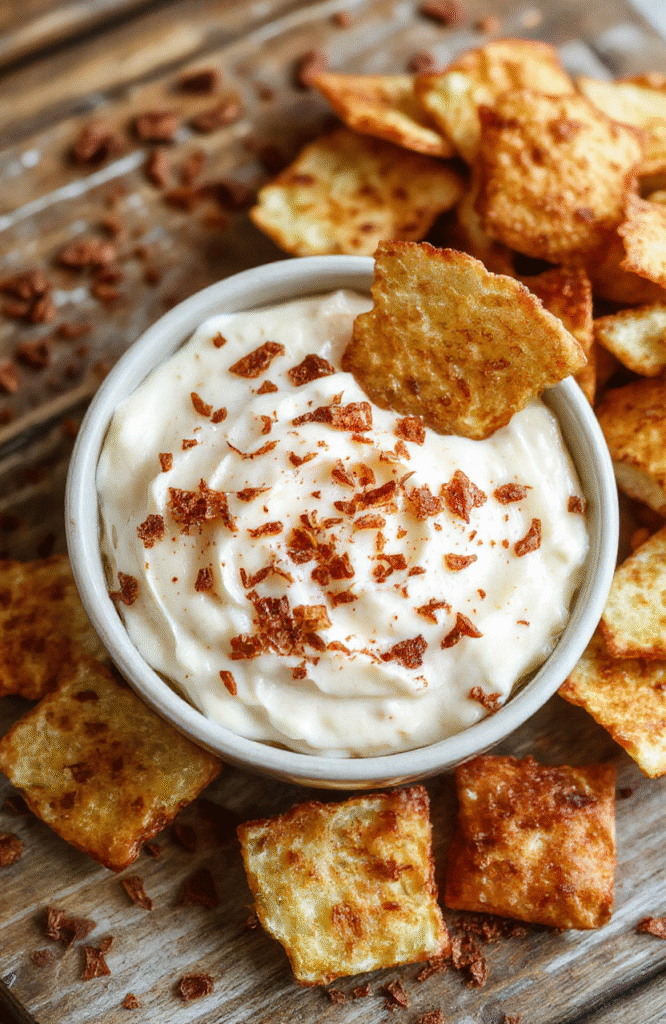 A vibrant bowl of creamy apple cinnamon dip topped with a sprinkle of cinnamon, surrounded by crispy cinnamon chips on a rustic wooden platter, with a warm, inviting background featuring fall-themed decor and soft natural daylight highlighting the textures and colors.