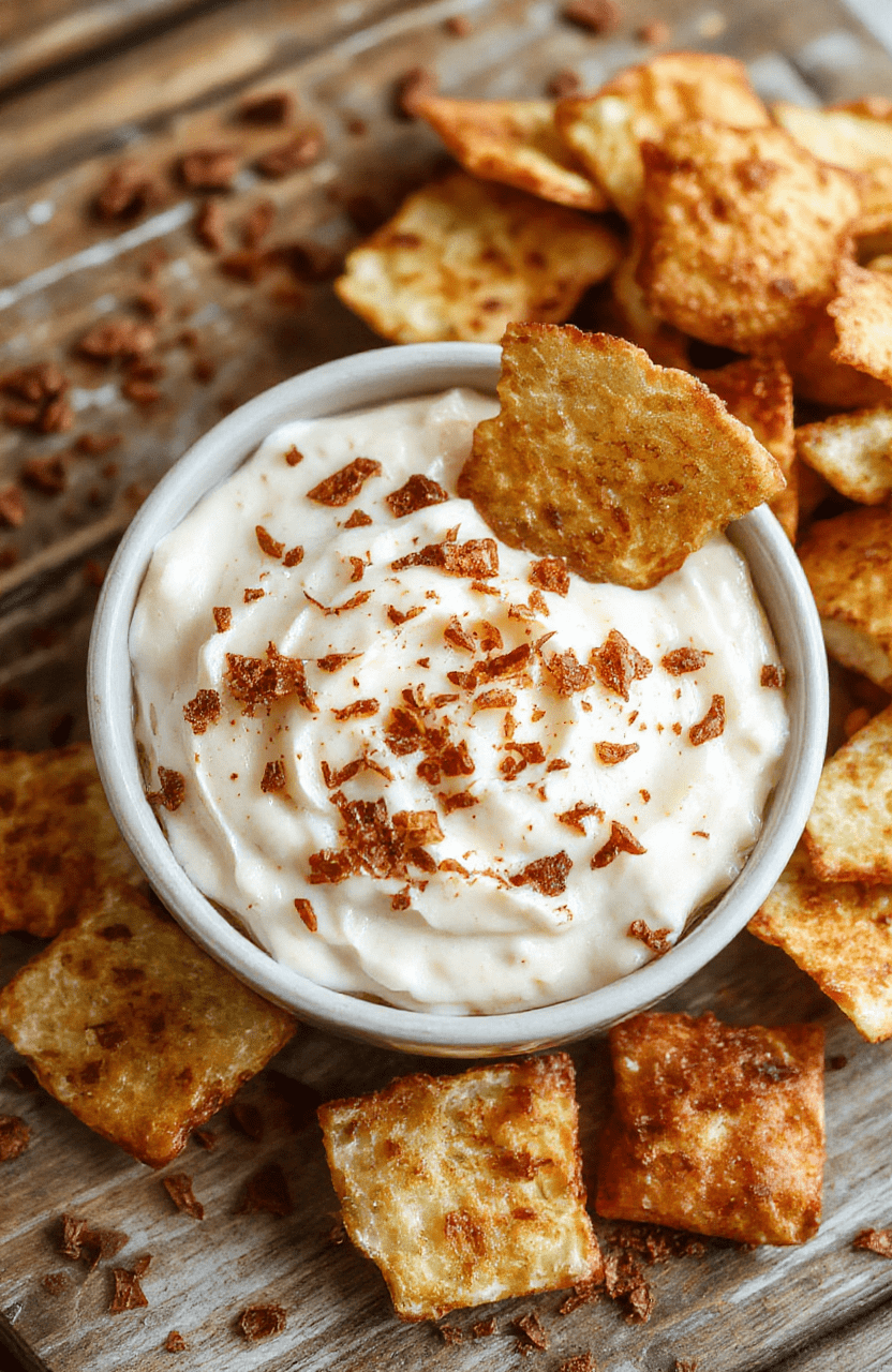 A vibrant bowl of creamy apple cinnamon dip topped with a sprinkle of cinnamon, surrounded by crispy cinnamon chips on a rustic wooden platter, with a warm, inviting background featuring fall-themed decor and soft natural daylight highlighting the textures and colors.