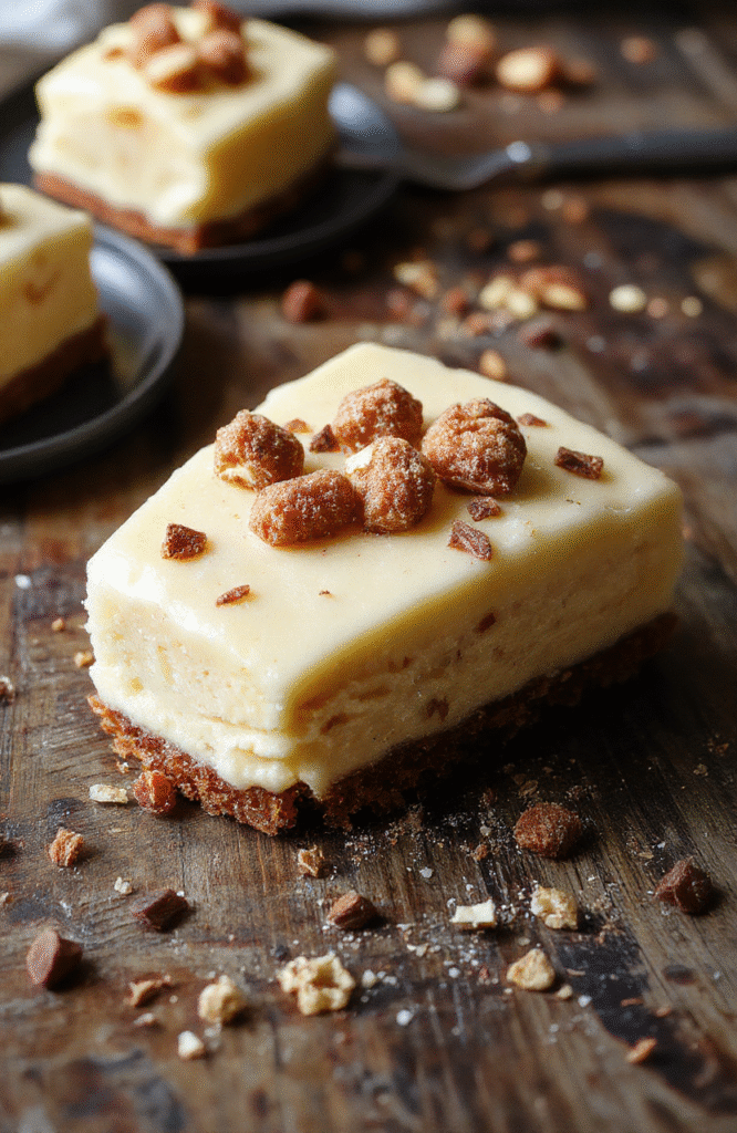 A vibrant cheesecake topped with crispy churros, dusted with cinnamon sugar, with a swirl of caramel sauce on a white plate, styled simply with a rustic wooden backdrop and natural lighting.