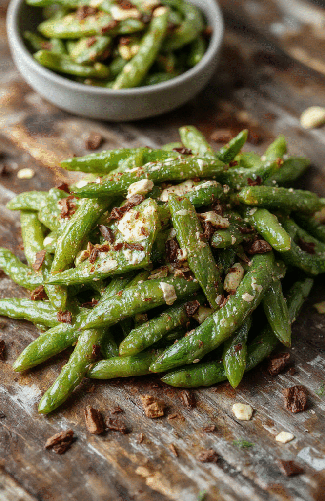 A vibrant plate of crispy green beans coated in a glossy glaze, arranged neatly on a rustic white platter, garnished with sesame seeds and chopped scallions, with a crisp contrasting background showcasing the colorful vegetables and inviting textures.